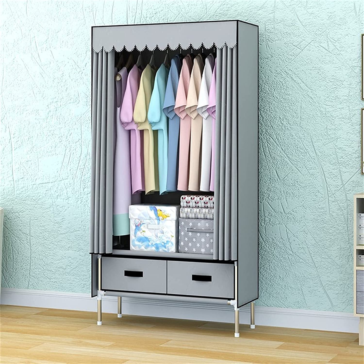 EsEntL Armario portátil Armario de Tela Armario Individual, Armario de Metal para Dormitorio, Suspensión, Riel para Ropa, Caja de Almacenamiento con ensamblaje de cajones Armario de Tela Gris, 168