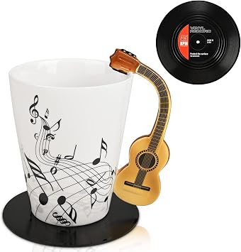 Maustic Guitar Mug, Guitar Gifts for Guitar Players, Music Teacher Gifts, Christmas Birthday Gift for Music Lovers, Ceramic Mug 13 Oz with Vinyl Record Coaster Acoustic Guitars