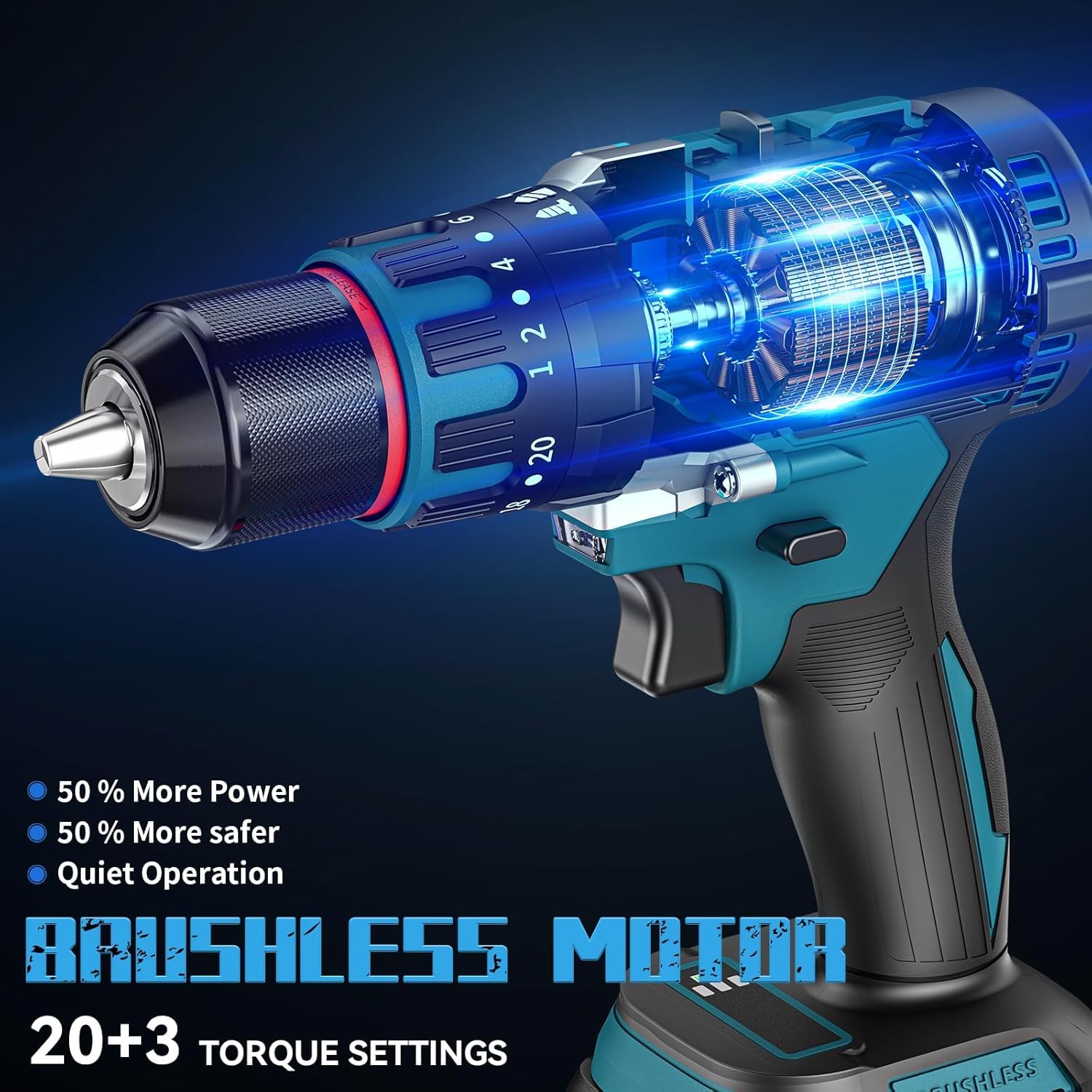 PONOSEU Trapano Avvitatore a Batteria 21V Brushless 80 Nm – Set Professionale con 2 Batterie 2.0Ah, 2 Velocità, 20+3 Regolazioni, LED e Accessori – Per Cantiere, Officina e Ristrutturazione (XL02-H)