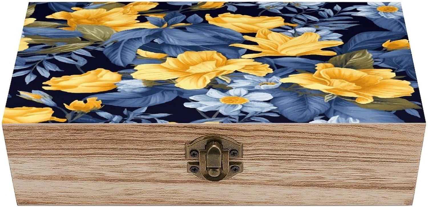 Blue Base Yellow Floral Storage Chests with Lid, Wooden Box | Wooden Jewelry Box-Organizer-Vintage Latch,Durable,Storage Chest for Memories,Crafts,Jewelry& Photos