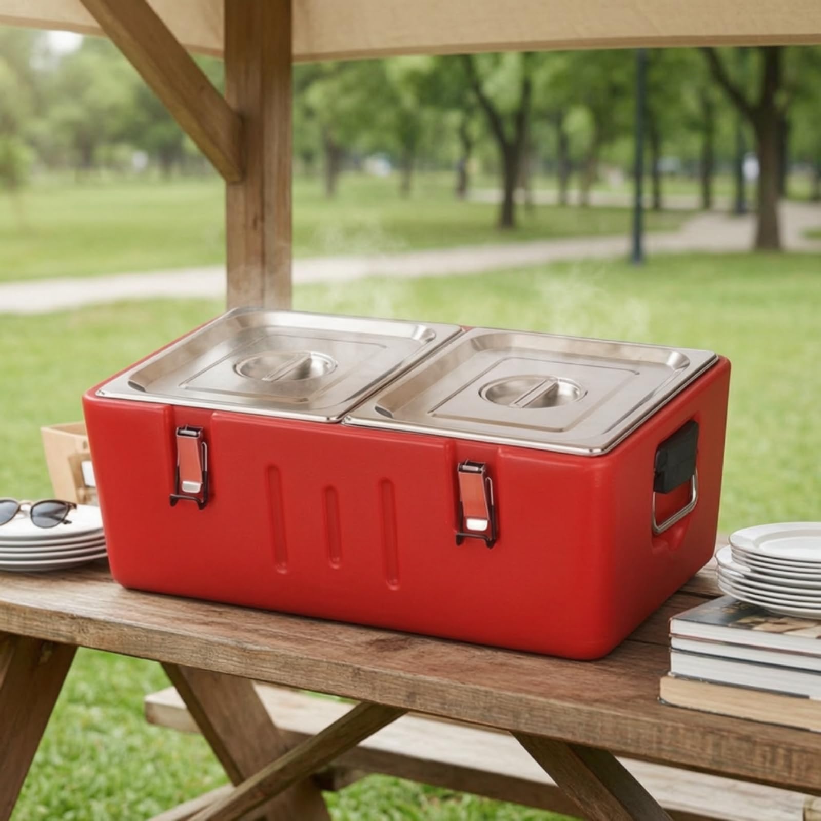 Amagogo Portador de Comidas Aislado Armario Térmico Contenedor Térmico Transportador de Alimentos con Cuerpo de Plástico y Acero 304 6 Bandejas Capacidad 90L