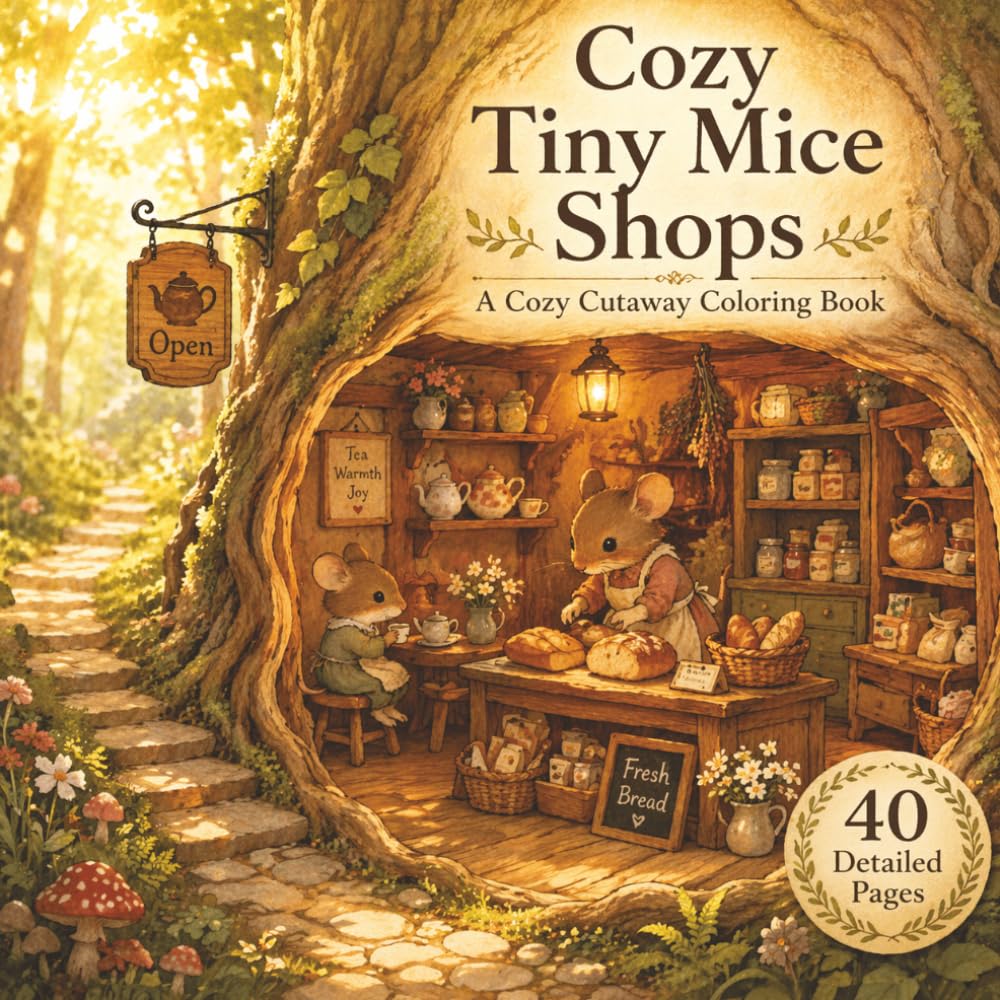 Cozy Tiny Mice Shops Coloring Book: A Cozy Woodland Coloring Book Featuring Cutaway Mouse Homes, Charming Shops, and Relaxing Scenes for Adults and Teens