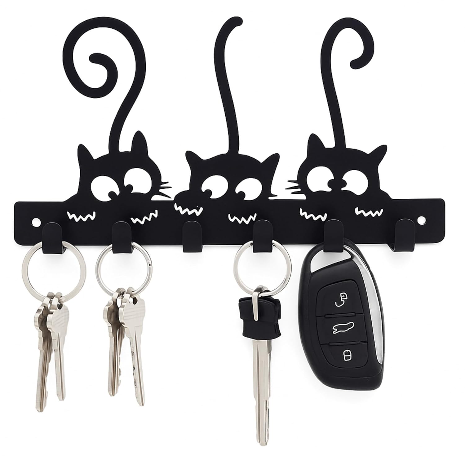 Cat Key Holder for Home – Wall-Mounted Keychain Holder & Cat Gift for Pet Lovers – Matte Black Metal Rack with 6 Rustproof Hooks – Stylish Organizer for Entryway & Home Decor