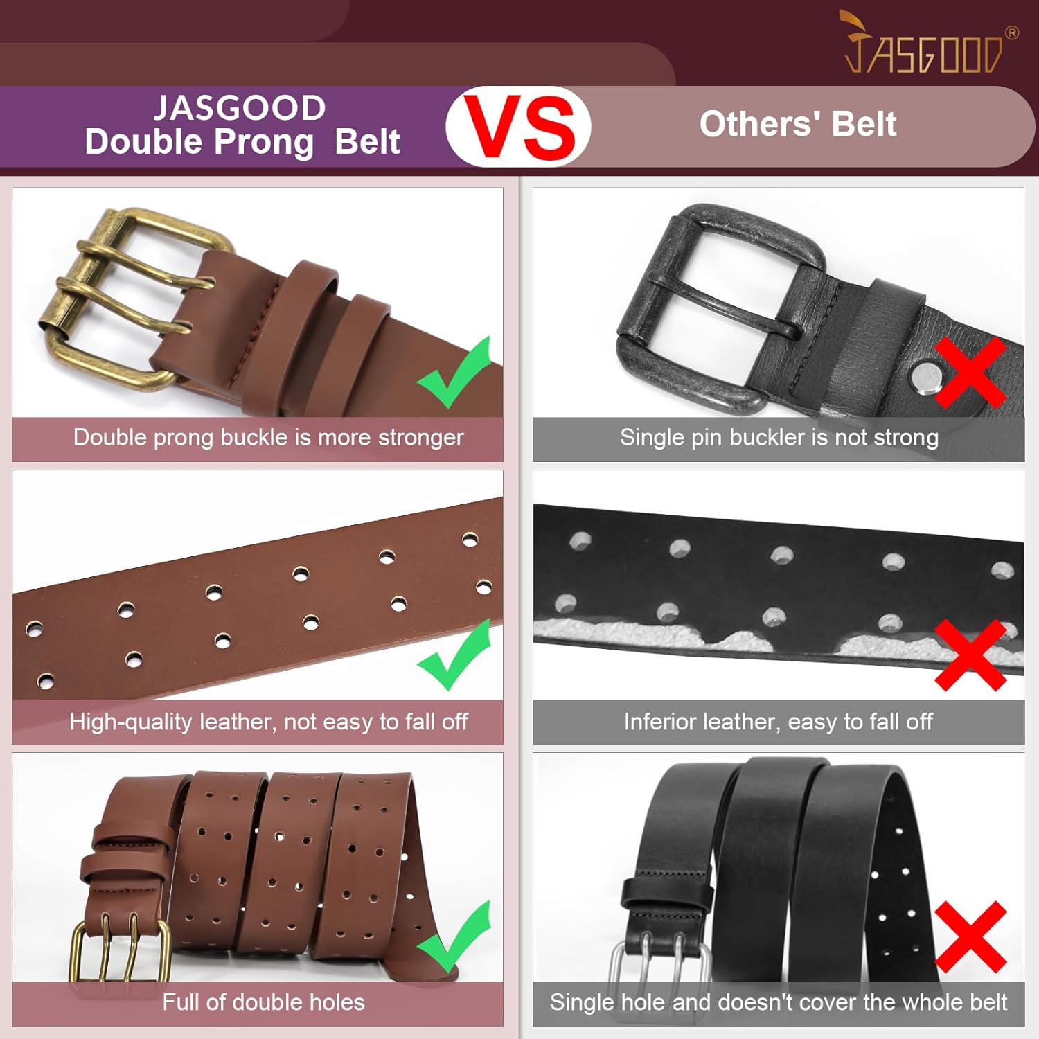 JASGOOD Men Double Prong PU Leather Belt Casual Work Heavy Duty Belt Double Grommet Holes Belt for Jeans - Image 2