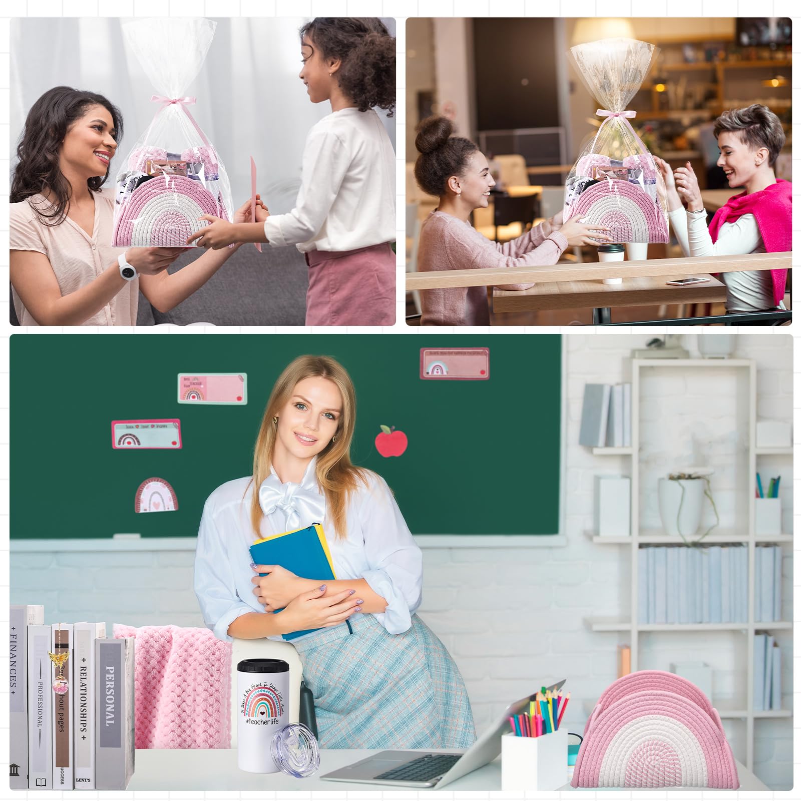 Zopeal Regalo de agradecimiento para profesores, cesta tejida 4 en 1, vaso para profesores, regalo de cumpleaños para profesores, regalo escolar, regalos de agradecimiento para profesores, San