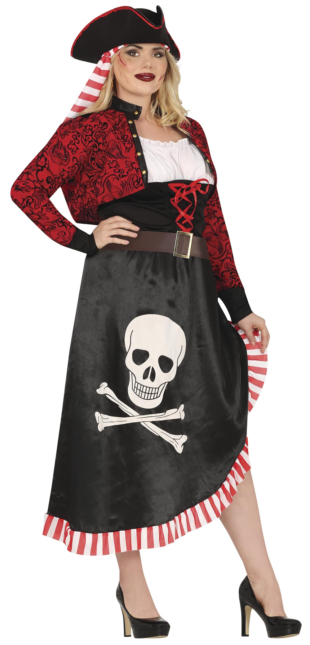 FIESTAS GUIRCA | Pirate Fancy Dress Women (10-12/M) - Shirt, Jacket, Belt, Hat and Dress - Corsair and Buccaneer Costumes for Halloween, Carnival and Fancy Dress Parties - Adult - Black and Red