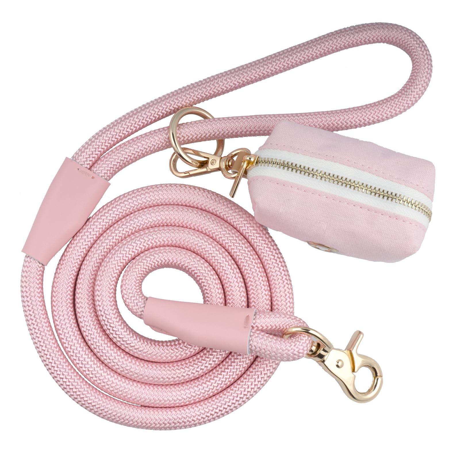 5FT Nylon Rope Dog Leash with Poop Bag Holder, Heavy Duty Snap Dog Leash, Soft Handle Rope Leash for All Breeds (Pink, 5FT x 10MM)