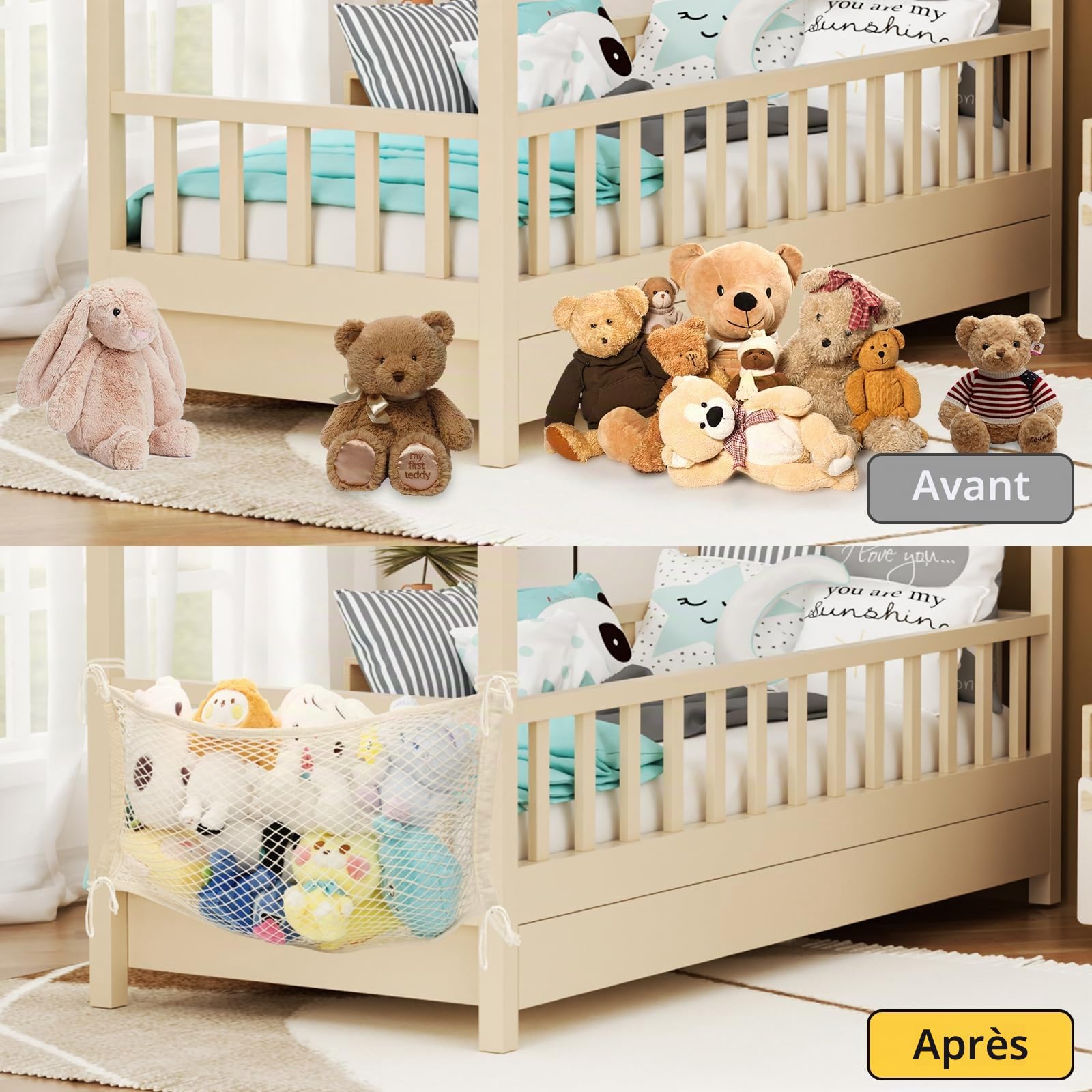 Filet de Rangement Peluches pour Bord de Lit en Coton, Hamac Jouets Style Bohème Chic, Beige, Lot de 2