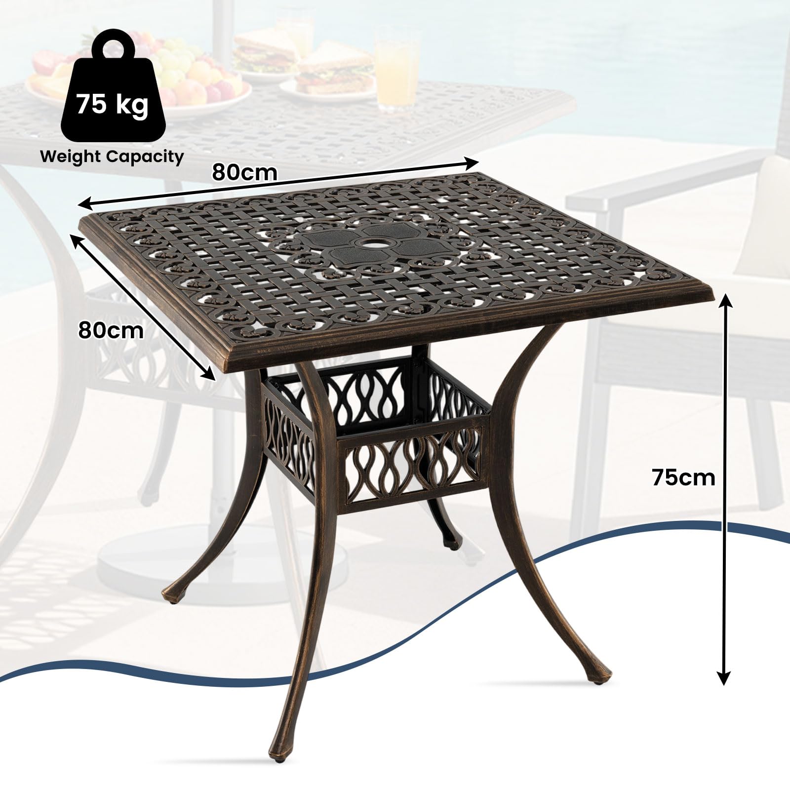 GIANTEX Gartentisch, Balkontisch 80 cm, Bistrotisch mit φ5 cm Schirmloch, Terrassentisch aus Gussaluminium mit verstellbaren Füßen, Esstisch wetterfester, Kaffeetisch für Garten (Quadratisch)