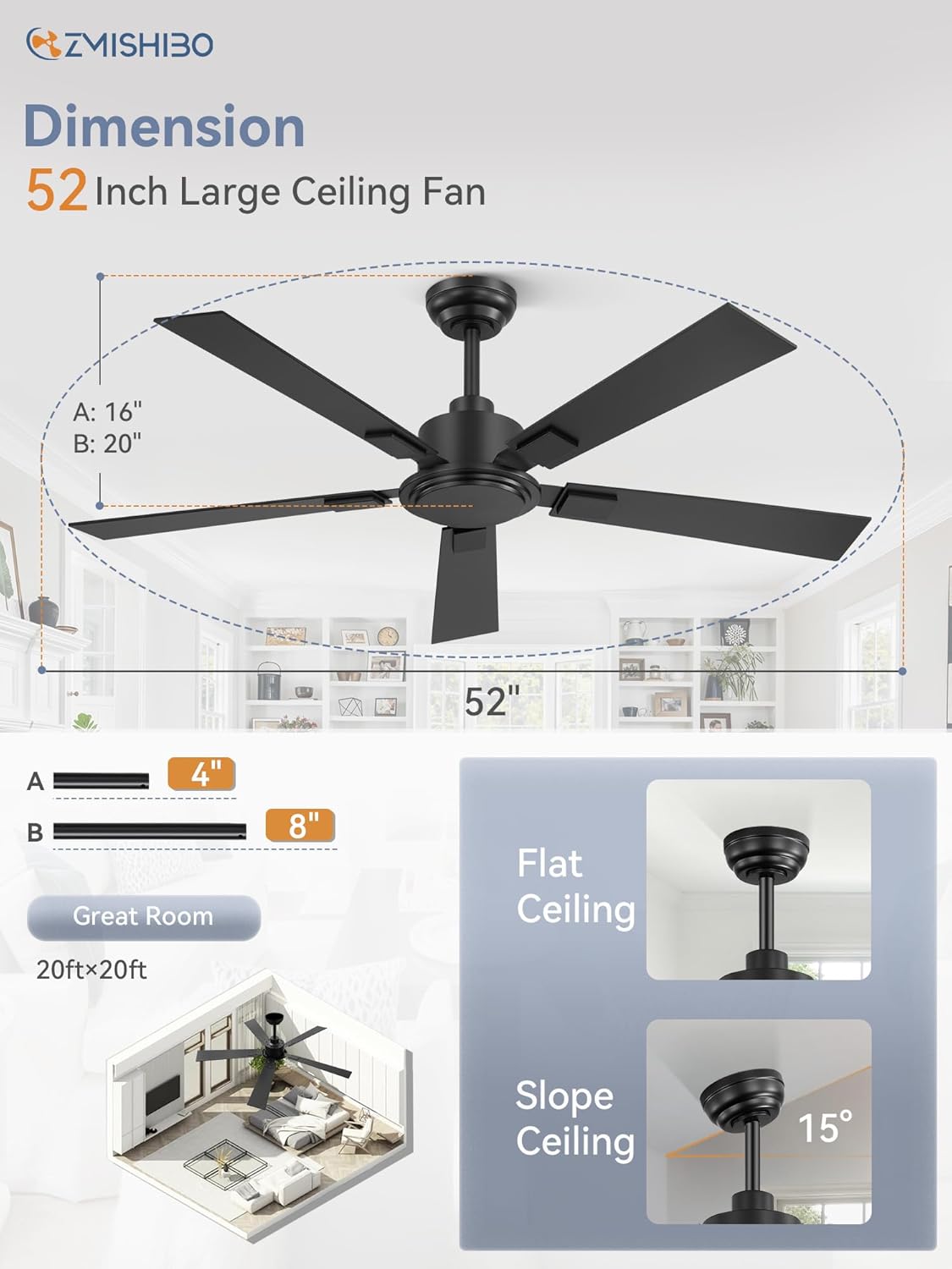 Diagram showing ZMISHIBO 52-inch ceiling fan dimensions and mounting options for flat and sloped ceilings