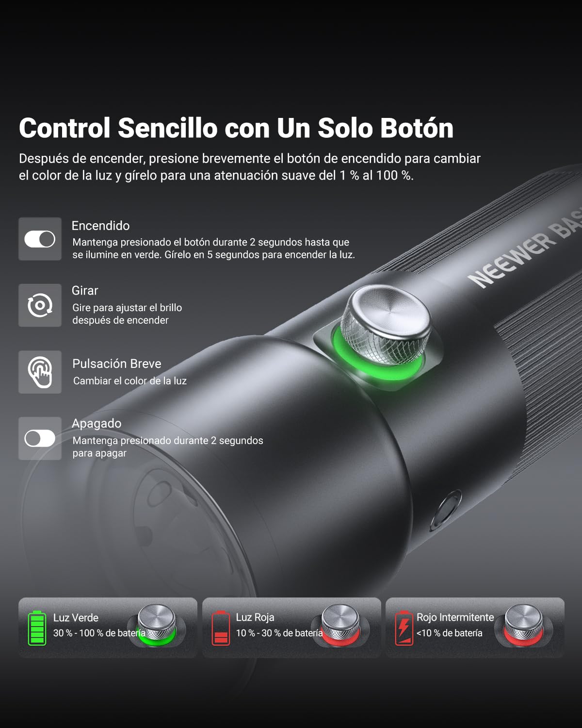 NEEWER Basics RGB Linterna Fotografía Flashlight,4 Color/20 Filtro Gobo/CRI95+/7500 mAh,10W 6300K Foco LED Portátil Vídeo Ambiental Aluminio Efecto Atardecer para Iluminación Estudio Grabación, FL10