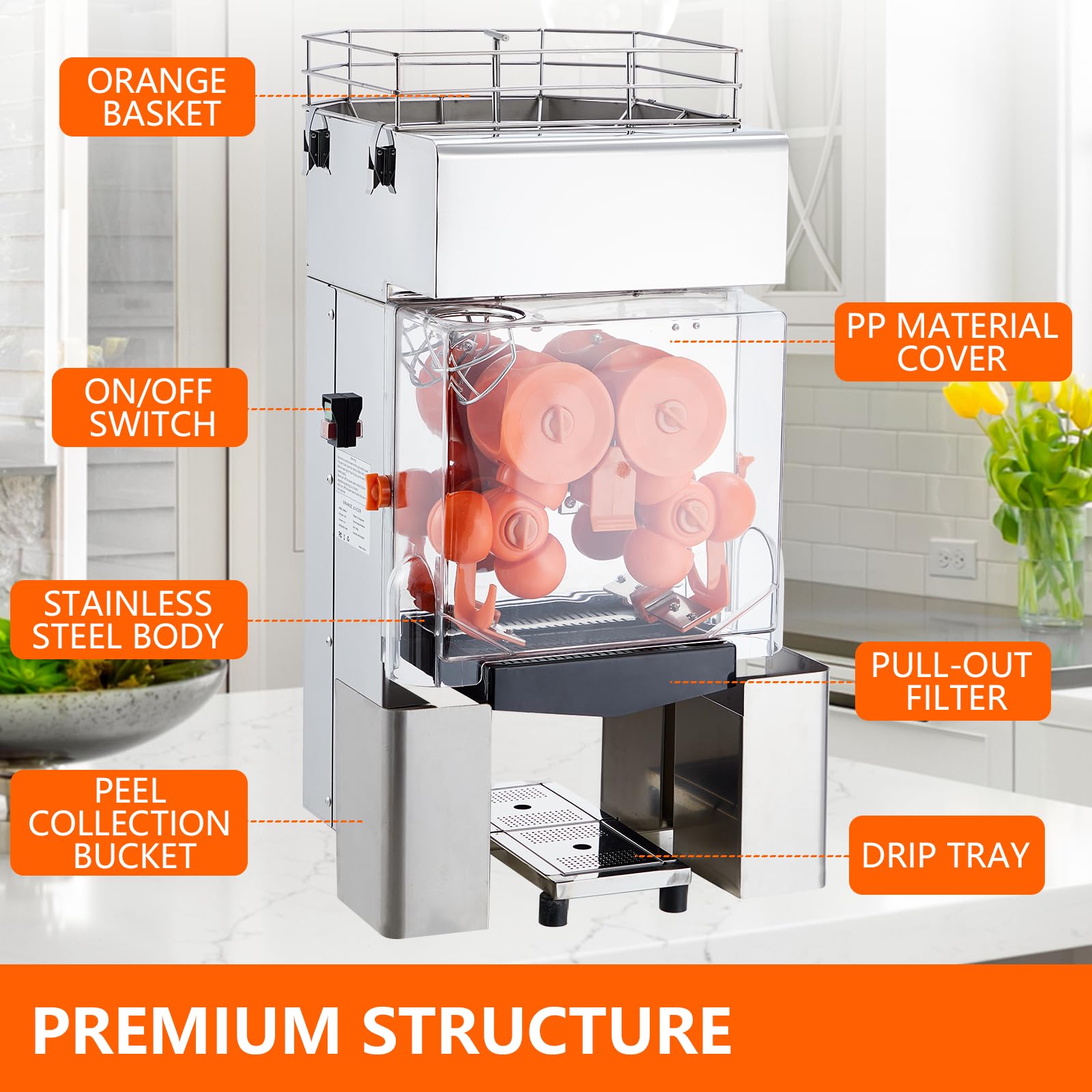 Commercial Juicer Machine, CuisinAid 110V Automatic Feeding Juice Extractor, 120W Orange Squeezer for 20-30 per Minute, with Pull-Out Filter Box SUS 304 Tank PP Cover and Two Peel Collecting Buckets