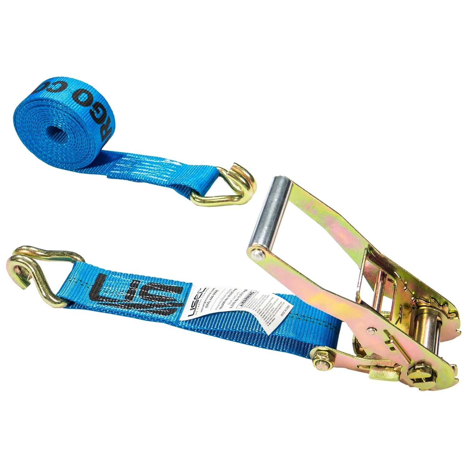 US Cargo Control 2 Inch Wide x 18 Foot Long Heavy Duty Ratchet Strap with J Hooks, Blue Weather Resistant Webbing, 3,333 Pound Working Load Limit