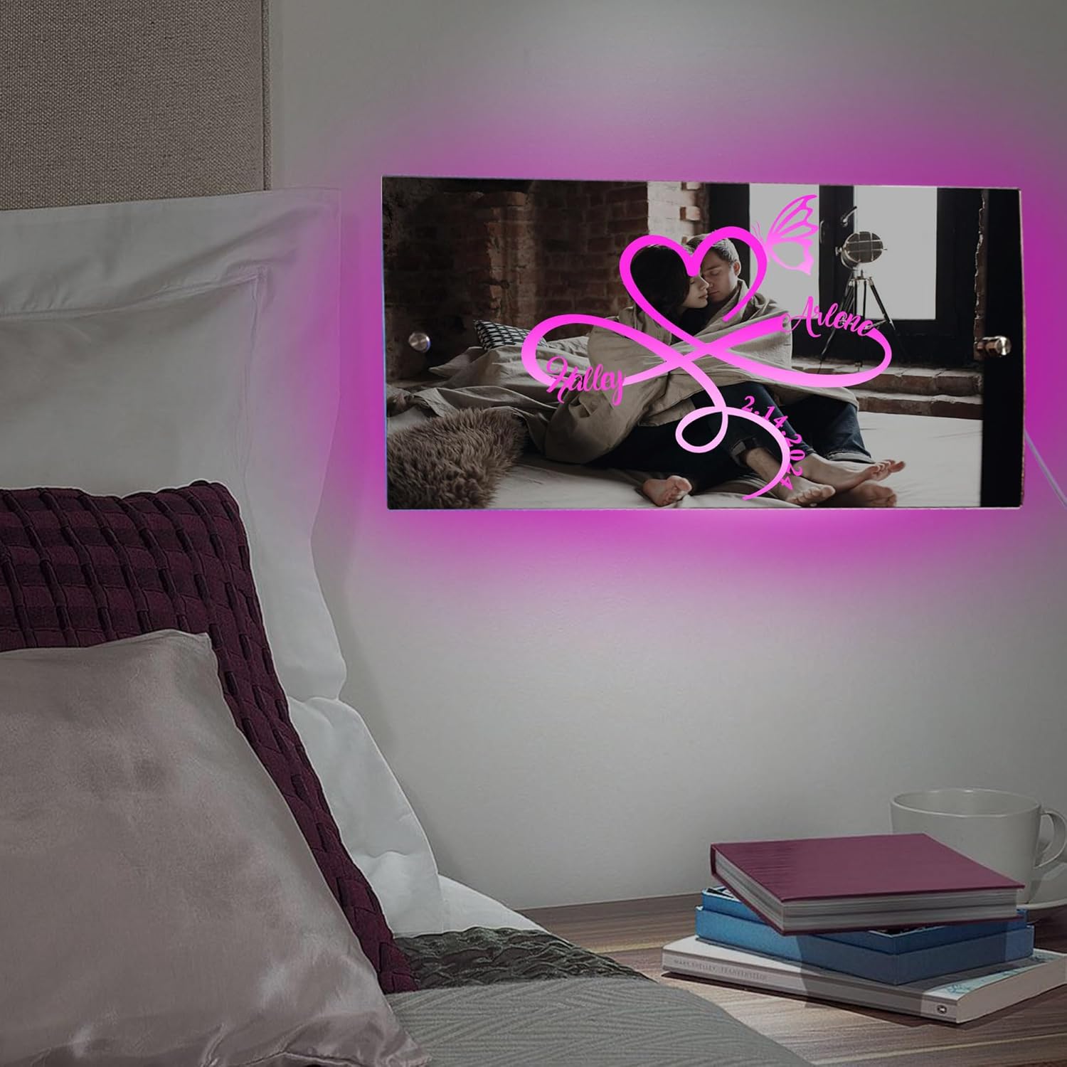 Personalized Infinity Heart LED Mirror Sign, Custom Name, Valentine's Day Gift, Small, Acrylic, Wall Mount, Rectangular, LED, Modern, Love, Bedroom