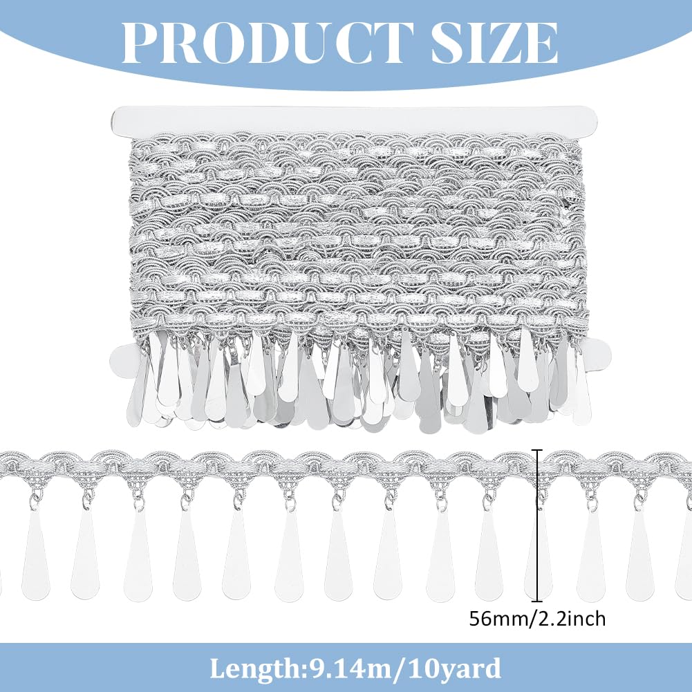 FINGERINSPIRE 10 Yard Sequin Tassel Trim - 2-1/4" Wide Silver Metallic Braid For Sewing & Decor - View #6