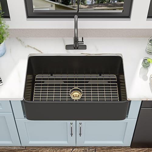 33"x20" Black Farmhouse Kitchen Sink – Reversible Apron Front, Matte Black High-Gloss Porcelain Ceramic Fireclay Farm Sink, Single Bowl Farmer Style Basin