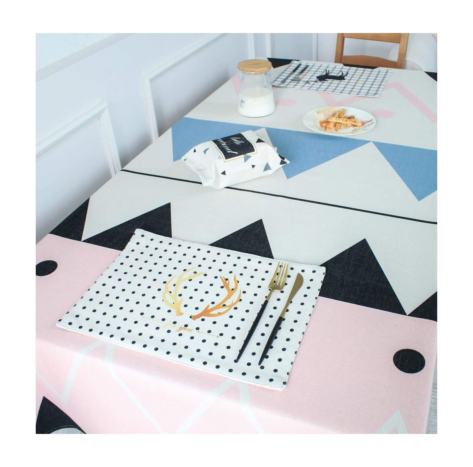 Nappe coton lin 140x140cm à motifs géométriques rose noir bleu pour table et pique-nique