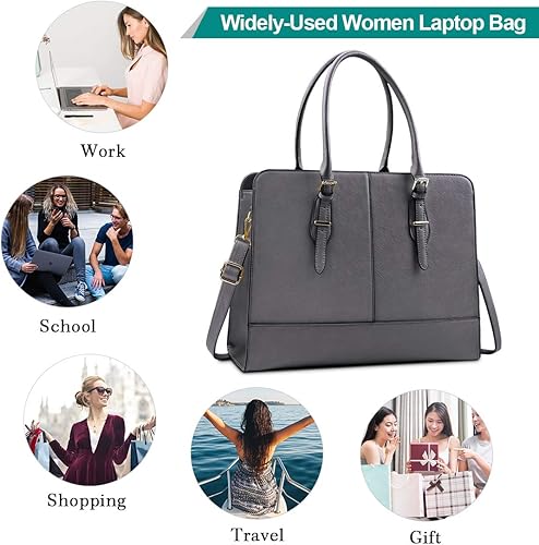 Miniatura 6 de Bolso de cuero para computador portátil de 15.6 pulgadas para mujer, bolso de hombro cruzado para computador y negocios, gran capacidad, gris