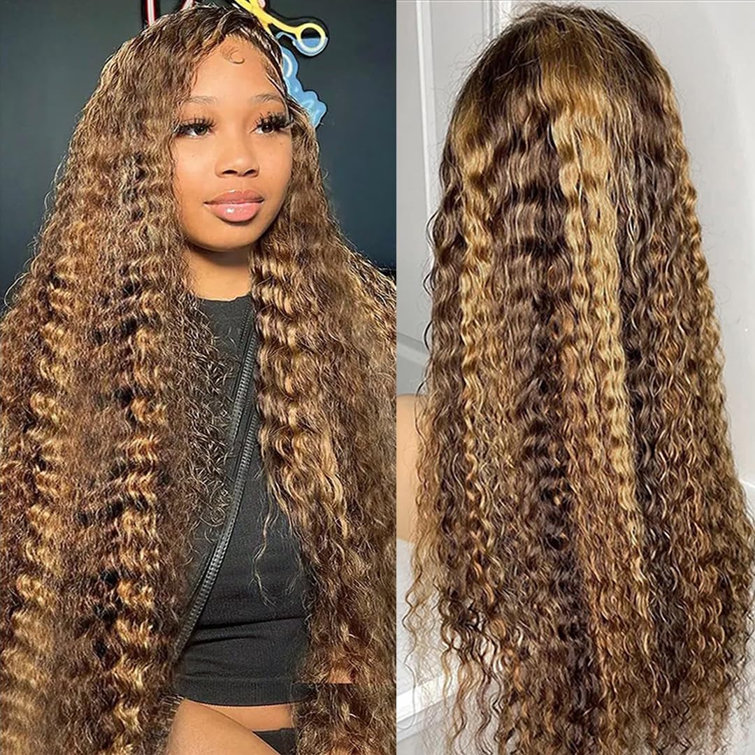 Aveiyce Highlight 13x4 Deep Wave Lace Front Wigs Human Hair 180% Density Honey Blonde 4/27 Deep Curly Frontal Wigs for Women Glueless Ombre Curly Wigs