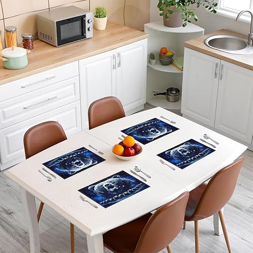 Miniatura 3 de Juego de 4 manteles individuales con bonito diseño de oso para mesa de comedor y cama, manteles individuales de tela rústica, diseño de oso galaxia,