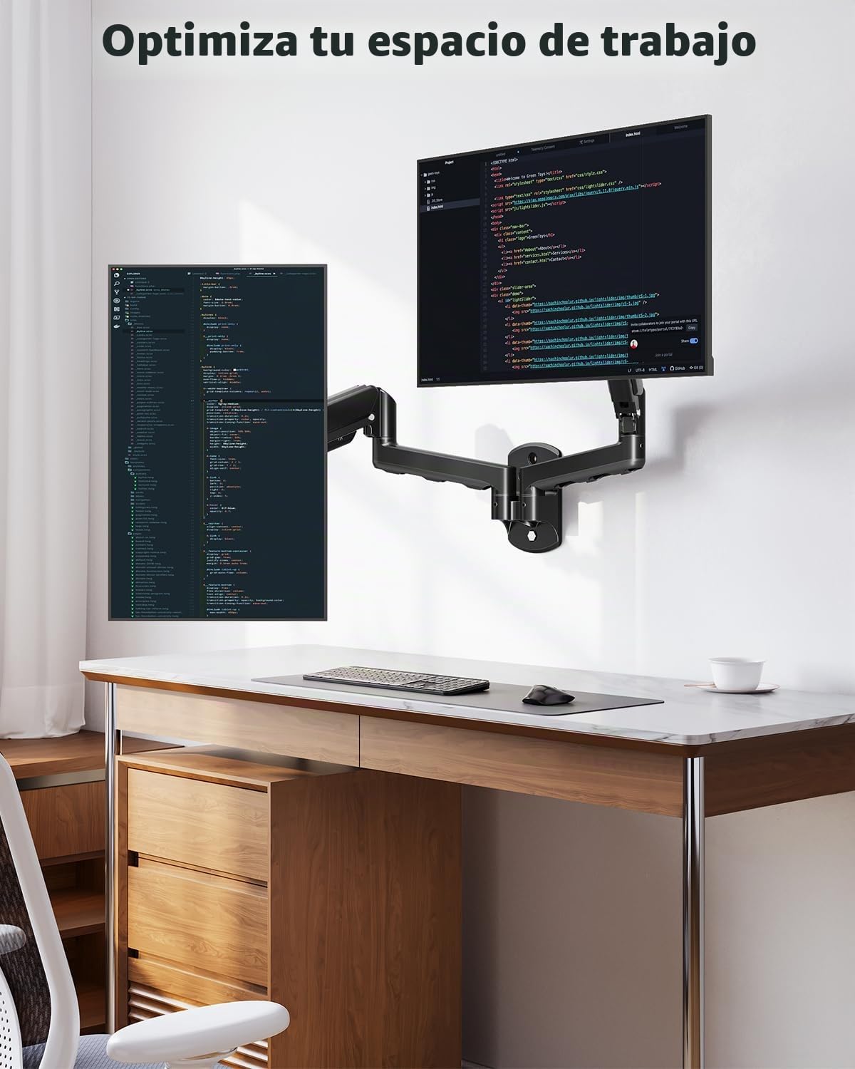 ELIVED Soporte de Pared para Monitor Dual para MAX. 32 Pulgadas hasta 9 kg, VESA 75/100 mm, Gas Lift PC 2 Soporte de Monitor de Pared 360° Giratorio EV6022