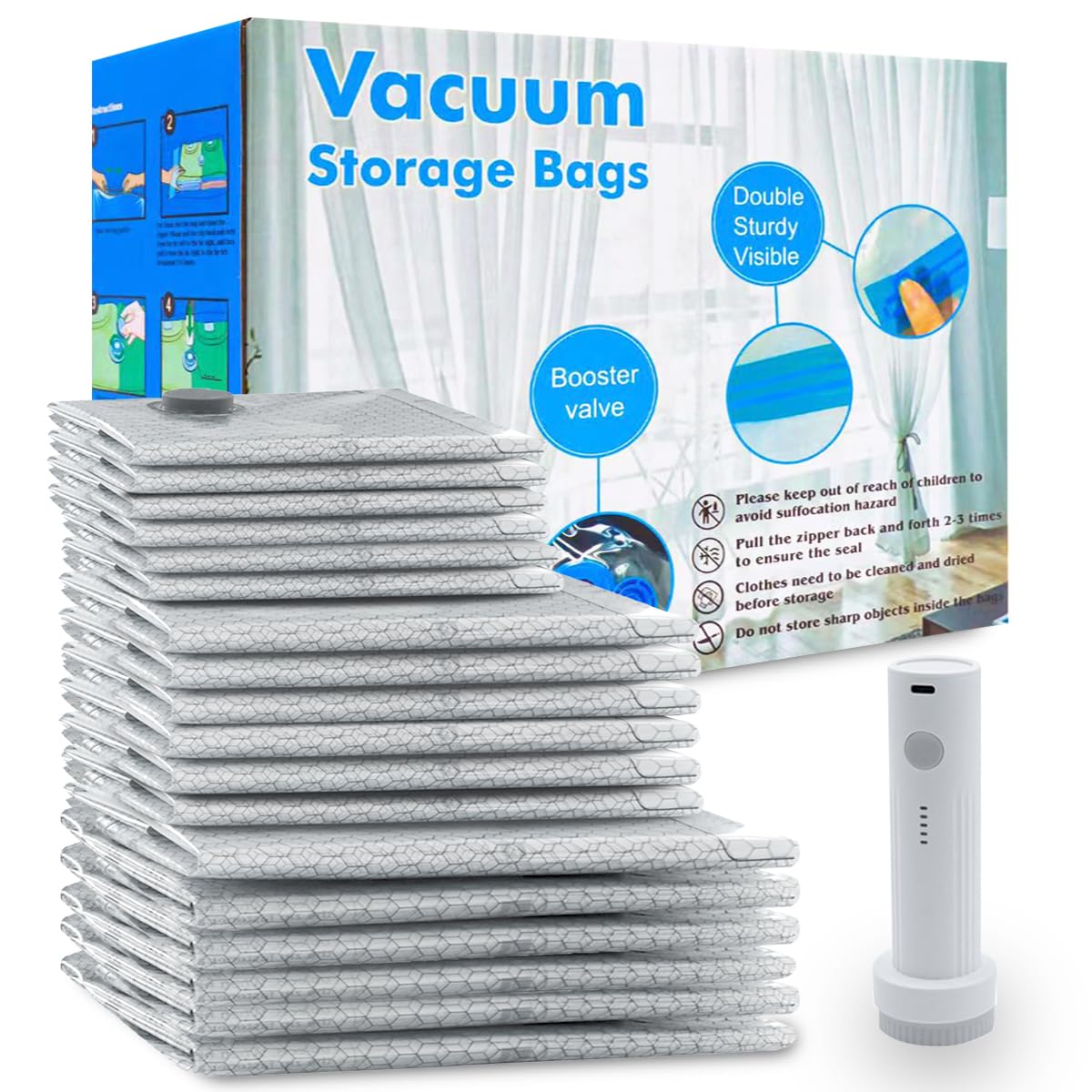 Paquete de 18 bolsas de sellado al vacío para ropa de viaje con bomba de aire eléctrica inalámbrica, 6 bolsas grandes + 6 medianas + 6 pequeñas, reutilizables para ahorrar espacio para equipaje y