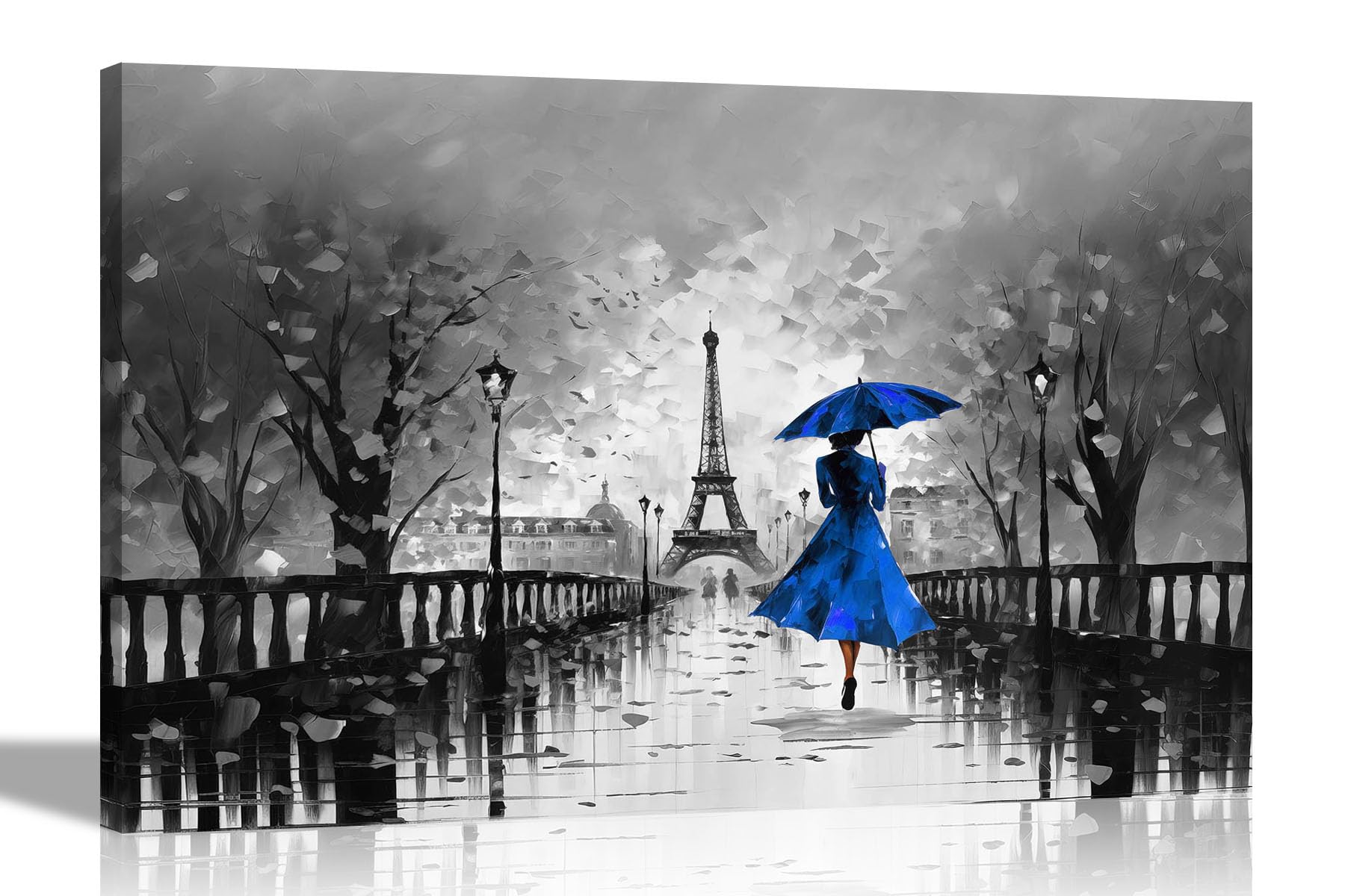 Artley Prints Blue Black And White Black And White Calm Of The Rain In Paris Blue Abstract Canvas Wall Art For Living Room, Bedroom - Ready To Hang Prints - City Pictures 60 X 40Cm (24 X 16 Inches) A2