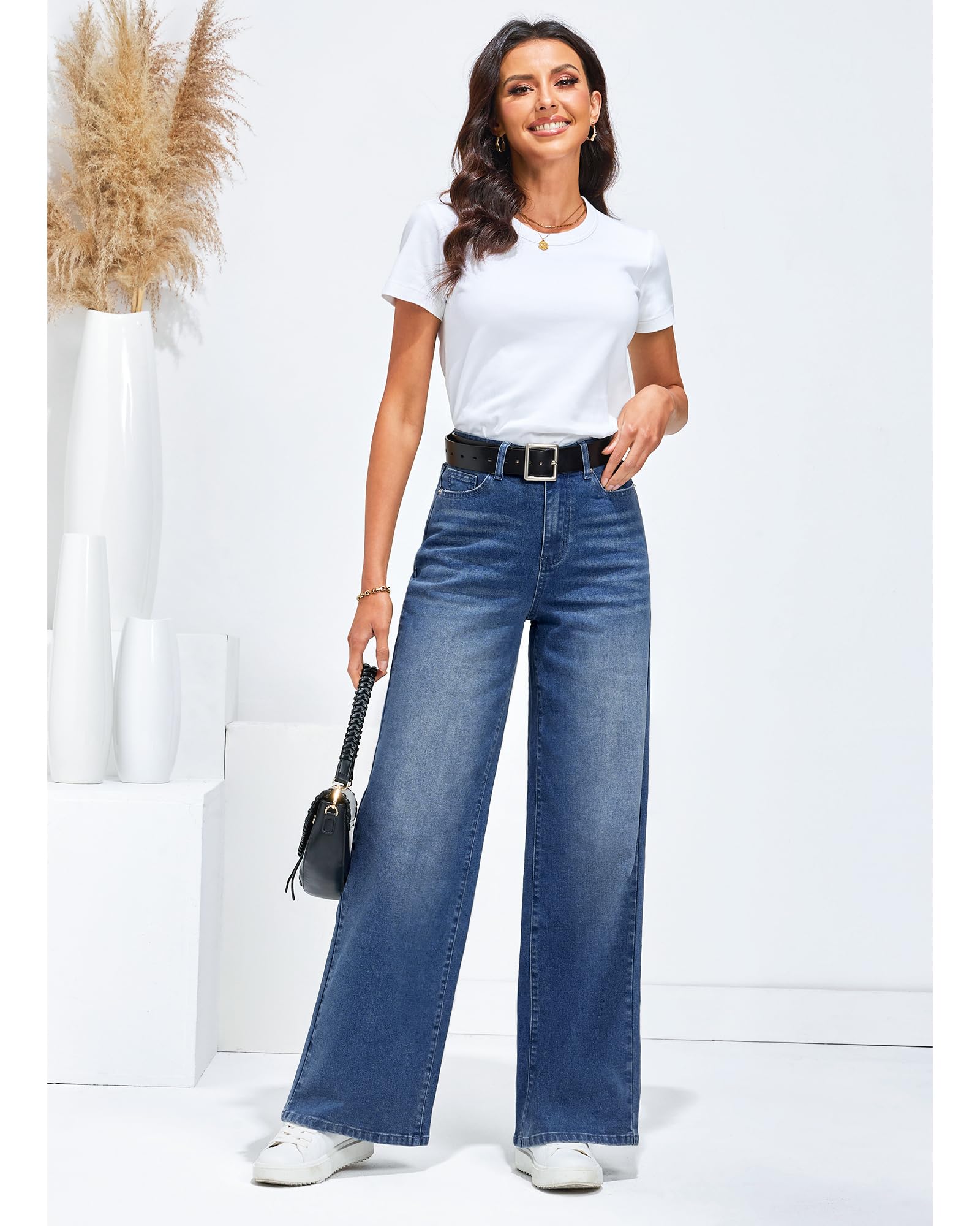 Roskiky Jean large pour femme, avec taille haute et poches, stretch, pantalon baggy années 1990