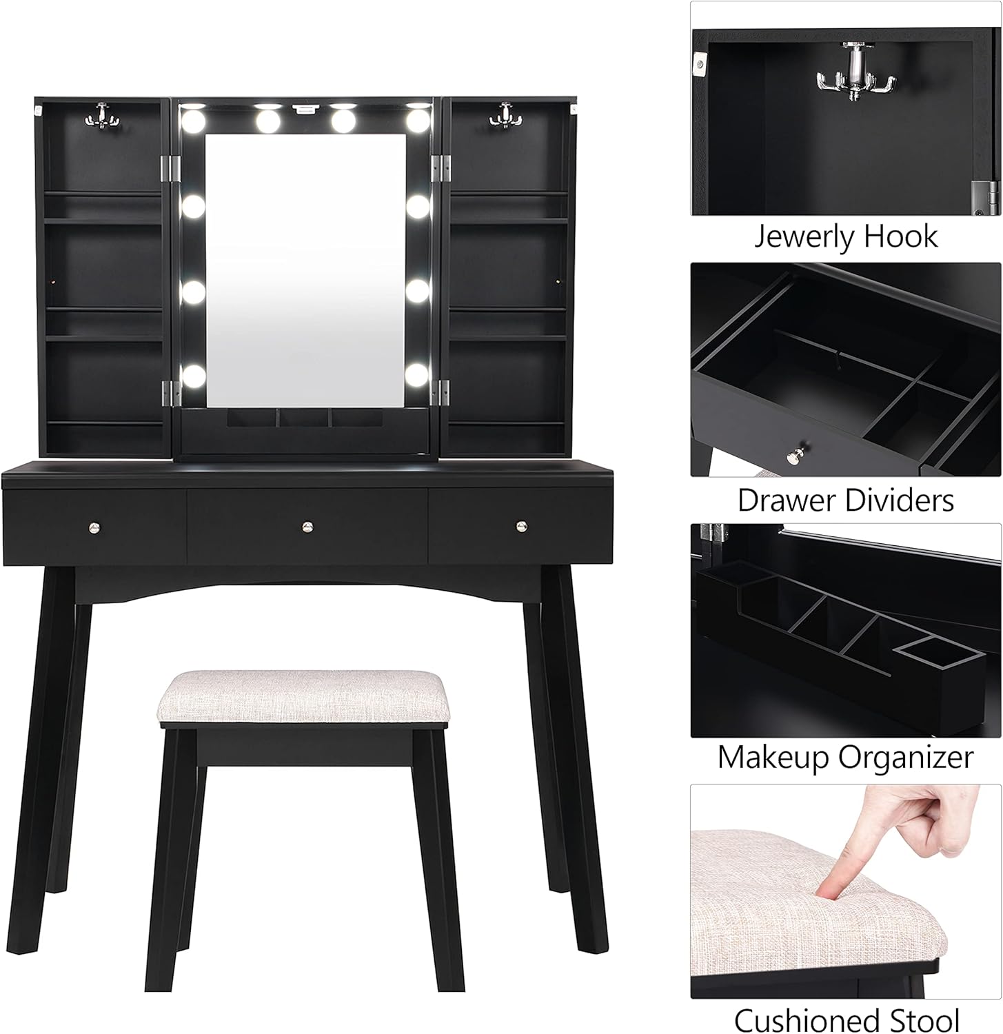 BEWISHOME Lighted Mirror Vanity Desk, Black Makeup Vanity Set with 10