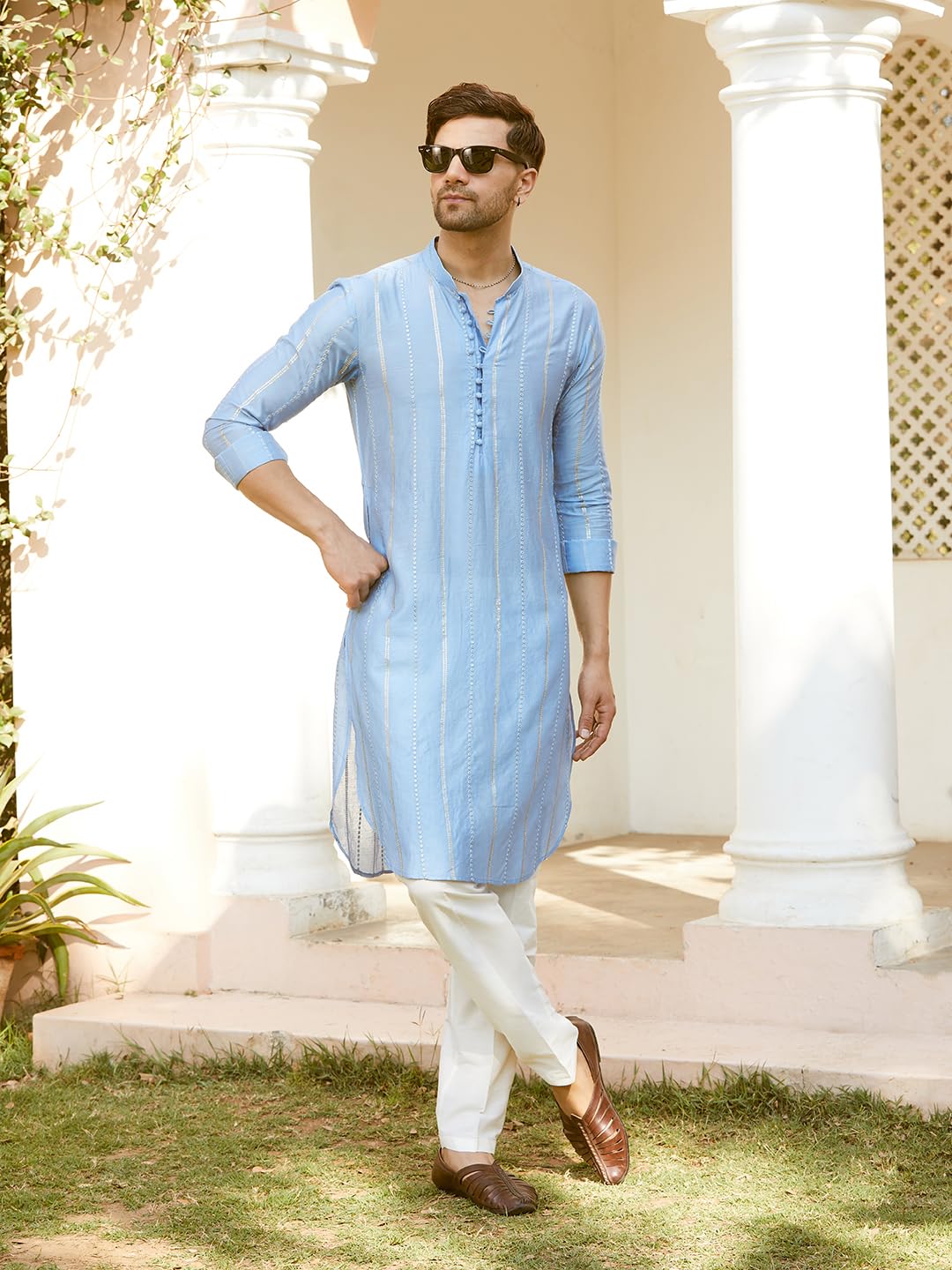 See Designs Men Full Sleeve Turquoise Blue Chanderi Silk Sequins Mandarin Collar Side Slit Kurta with Pyjama - SDMKT144401XXL - Image 7 thumbnail
