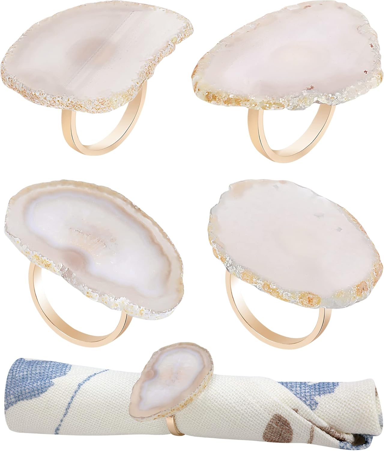 CozyTower Agate Napkin Rings Set of 4, Gold Napkin Holders for Cloth Napkins, Unique Wedding Decorations Napkin Ring Kitchen Accessories for Dinner Party (Natural Color Agate)