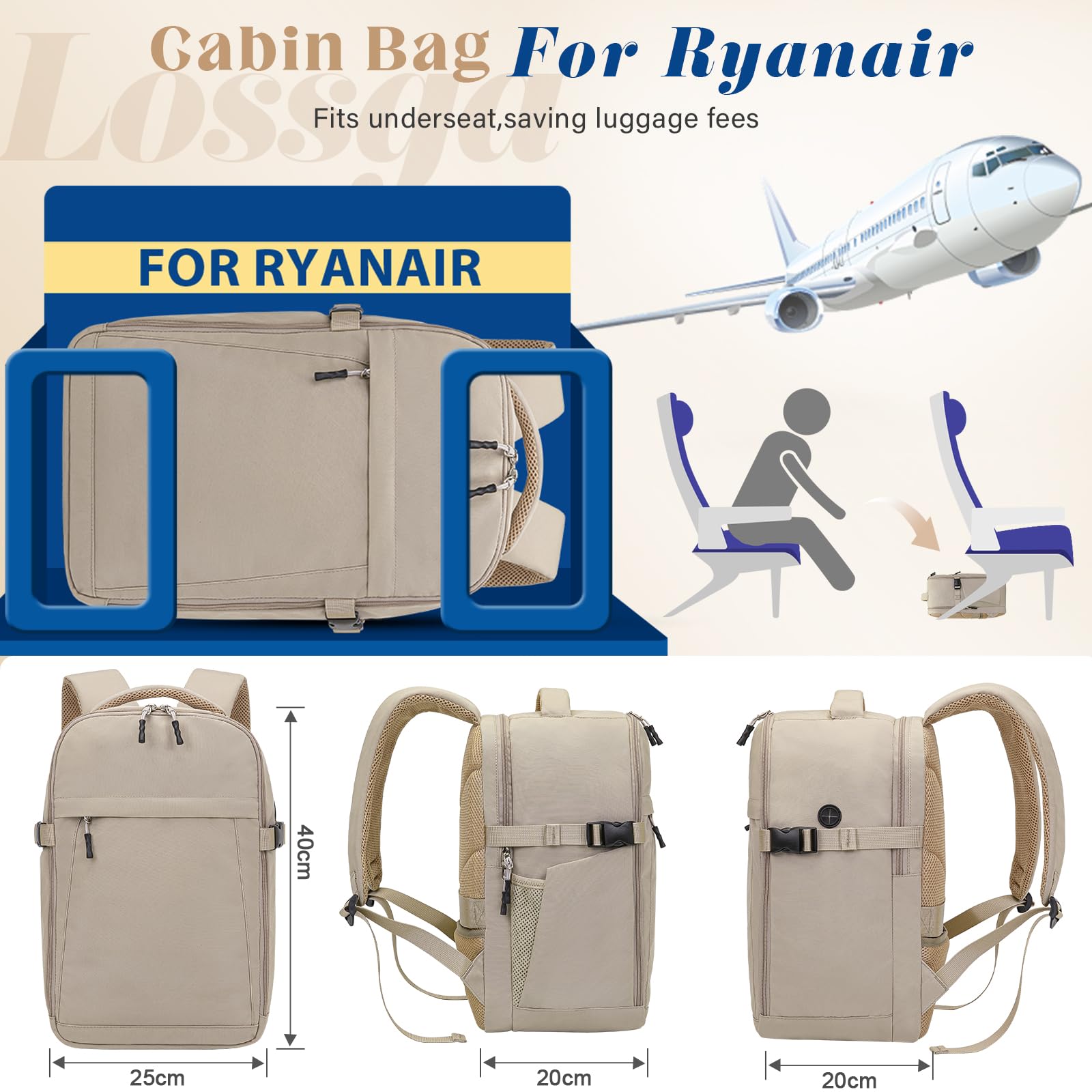 Lossga Zaino Ryanair 40x20x25 Bagaglio a Mano 40x20x25 Ryanair Zaino da Viaggio Aereo Bagaglio a Mano Zaino 40x20x25 Zaino aereo Zaini da Viaggio Con 3 Organizer per Easyjet Wizz Air Vueling