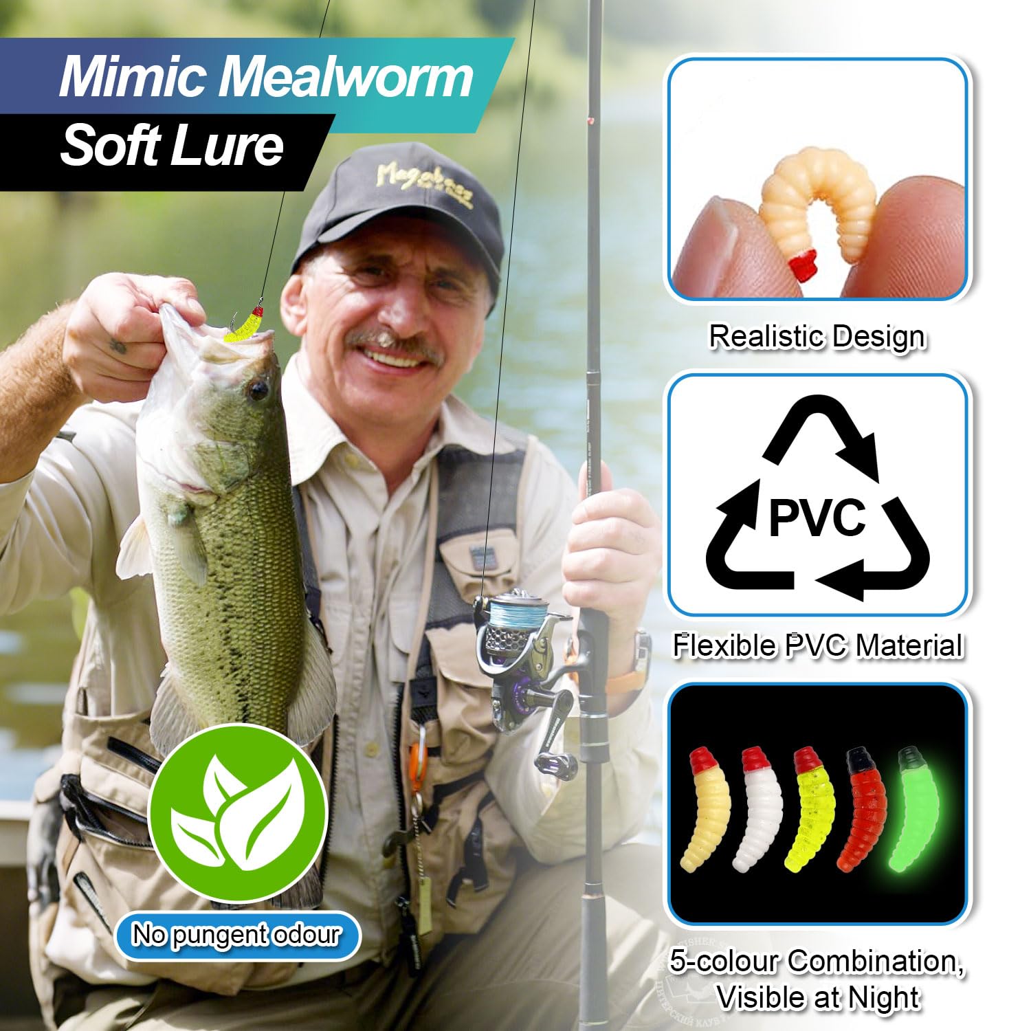 Kit de Pesca con 370 Artículos 100 Anzuelos de Pesca en Acero Carbono (3-12#) en Estuche 250 Señuelos Black Bass PVC (5 Color) 20 Alambre Guía Acero (15/20/25/30 cm) Señuelos para Pescar Noche/Fondo — view 3