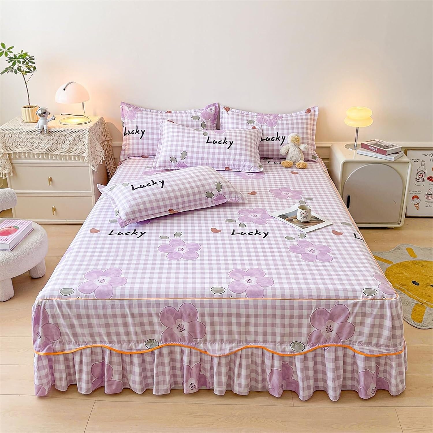 Drap-housse violet 180x200 cm à motif floral avec jupe de lit à volants