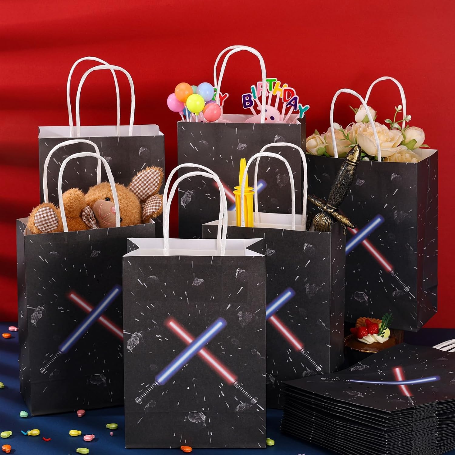 HIYZI 24 Pcs Star Themed Party Favor Goodie Paper Bags Universe Star Decorations Party Supplies Gift Bag Candy Bags Handbag for Kid Boy Girl Birthday Baby Shower
