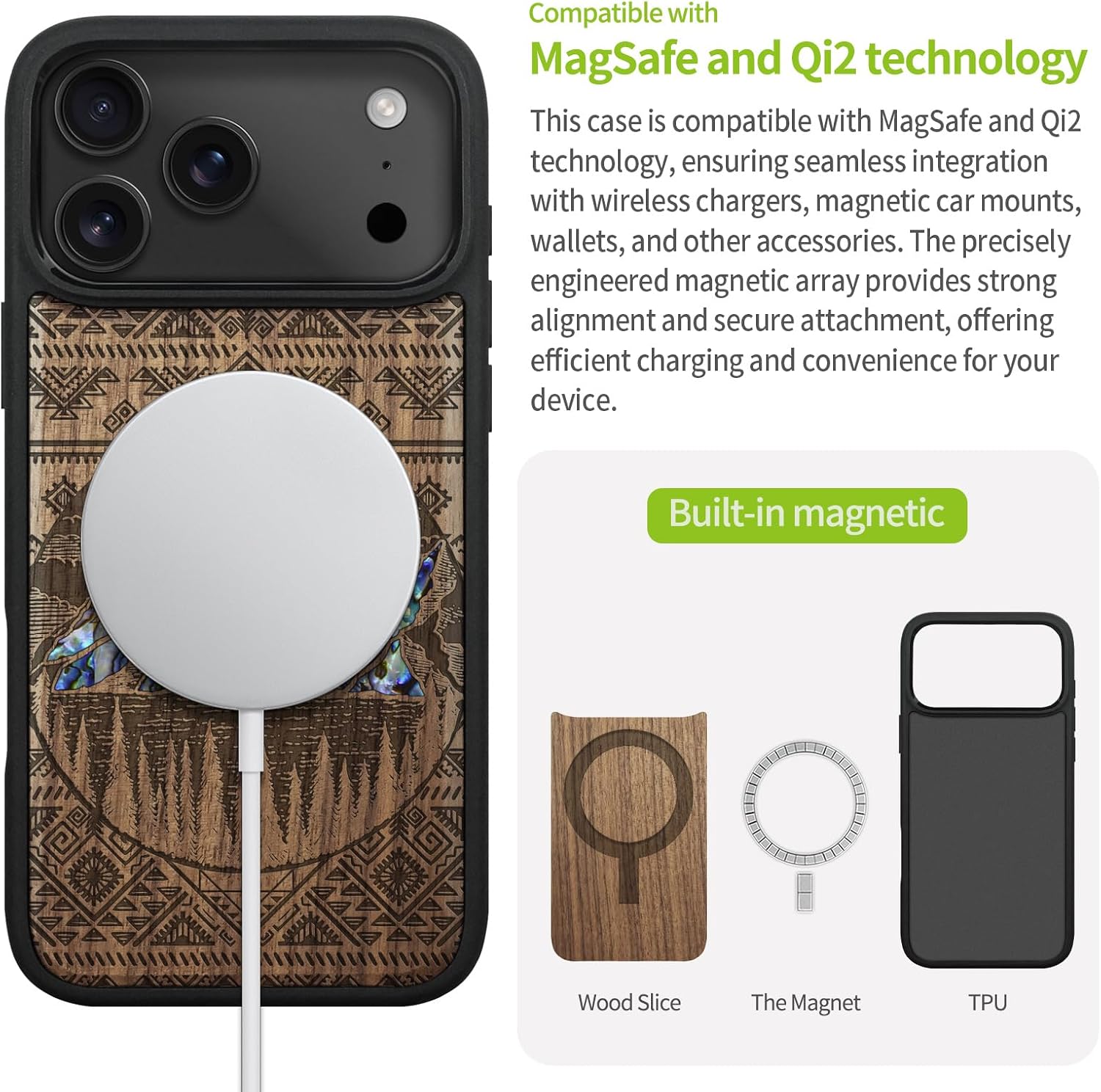 Carveit Magnetic Case for iPhone 17 Pro Max Case, Wood Artisan Engraved & Handmade Shell Inlaid, TPU Shockproof Cover, Compatible with MagSafe Wireless Chargers (Aztec Style Alpine Lakes-Walnut)