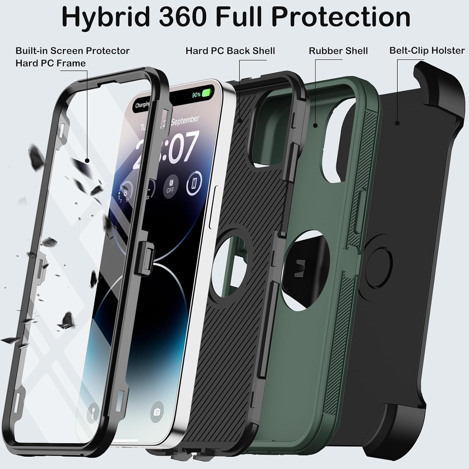for iPhone 14 Pro Max Case with Belt Clip Holster,Built-in Screen Protector,Heavy Duty Shockproof Drop Proof Military Grade Protective Cover with Kickstand for Apple 14 Pro Max (Dark Green) - Image 3