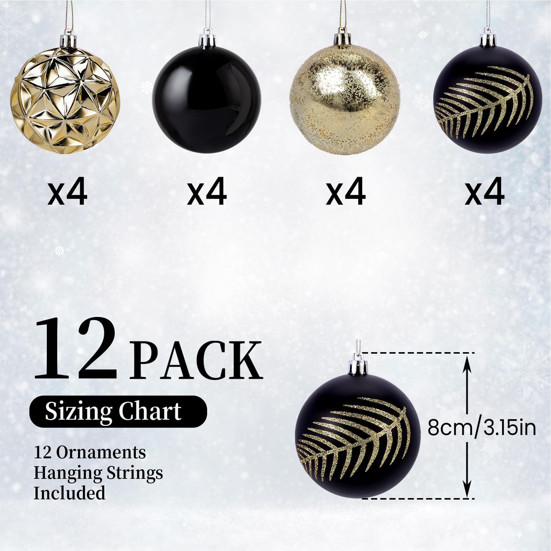 Set De 70 Boules De Noël Incassables | Noir, Blanc Et Or Avec Cordes | Décoration D'arbre, Intérieur, Fêtes - 9