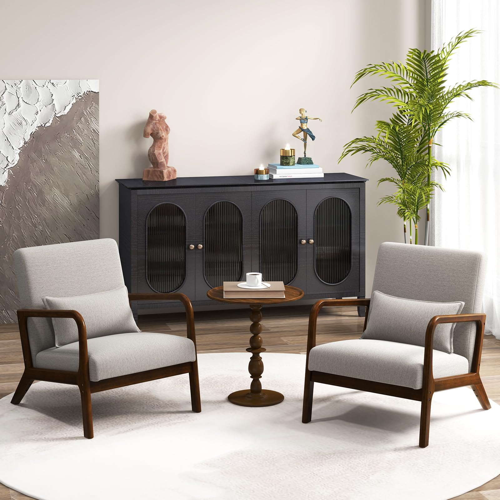 GIANTEX Silla de Ocio Moderna, Butaca de Lectura con Asiento Acolchado y Respaldo, Sillón de Madera de Goma con Cojín Lumbar, Silla Individual de Relax para Estudio, Salón (Gris)