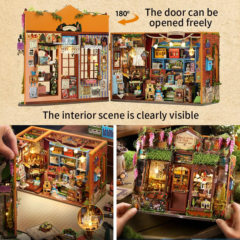 Miniaturowy domek dla lalek do samodzielnego montażu, puzzle z meblami LED, puzzlami 3D i szklarniami na książki - kreatywny zestaw do dekoracji półek. (bez osłony ochronnej)