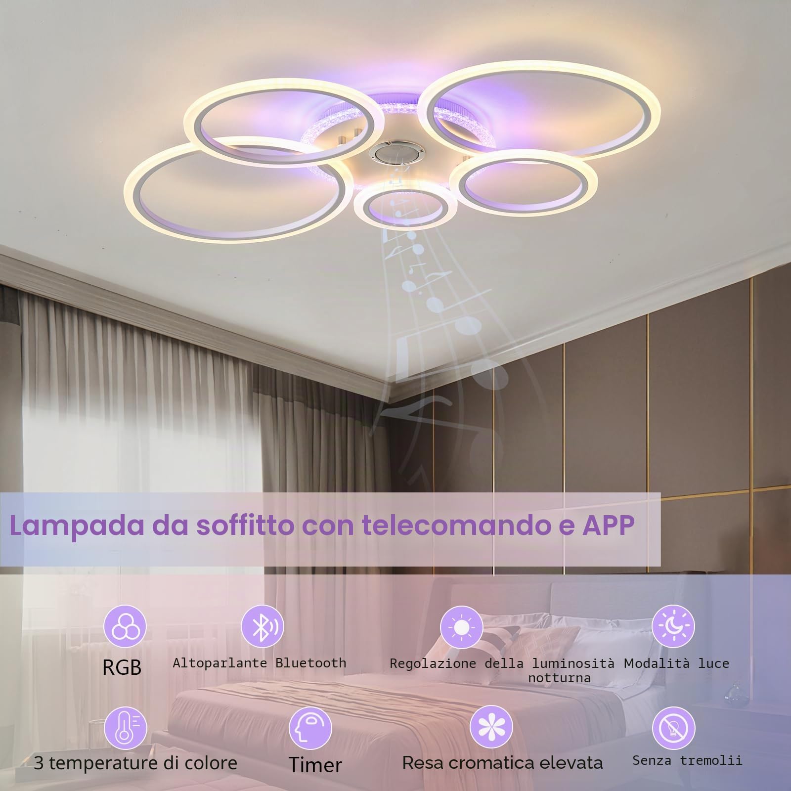 Lampadario Altoparlante Bluetooth RGB Lampadari Circular Design con Telecomando Timer Dimmerabile Plafoniera con Luce Notturna e Funzione di Memoria per la Camera da Letto, Bianco