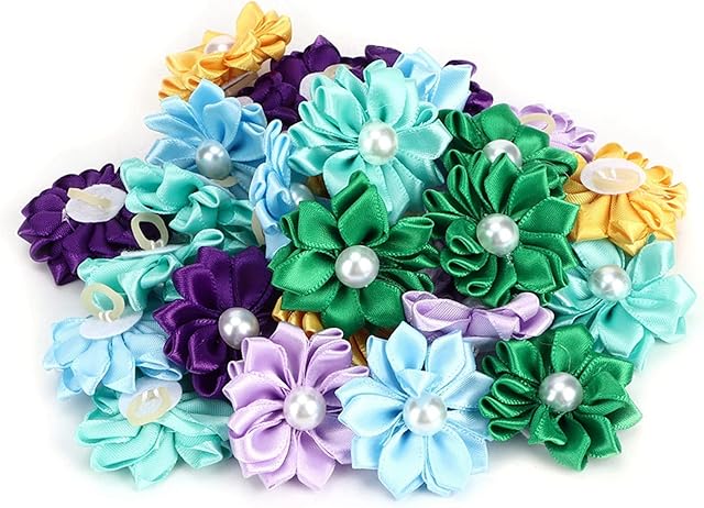 Pasamer 30Pcs Pet Hair Bows Multicolor Flower Grooming Accessories for Cat Medium Small Dog Green Blue Purple Yellow