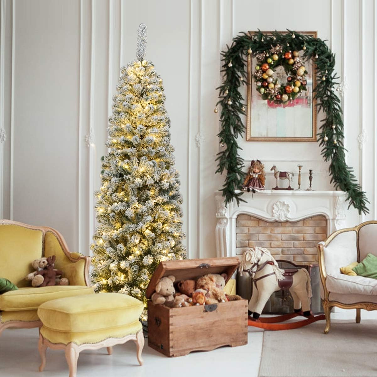 GOPLUS 135/180/225 cm Árbol de Navidad Artificial con Luces LED & Nieve & Soporte de Metal Plegable, Decoración Navideña de Árbol Nevado Esbelto y Flocado (180 cm)