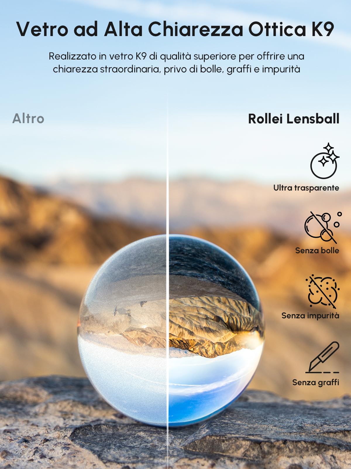 Rollei 22694 Lensball 110 mm i Sfera di Vetro i Sfera di Cristallo i Sfera della Foto con la Borsa di Stoccaggio & Panno di Pulizia in Microfibra per la Pulizia della Sfera di Vetro, Trasparente