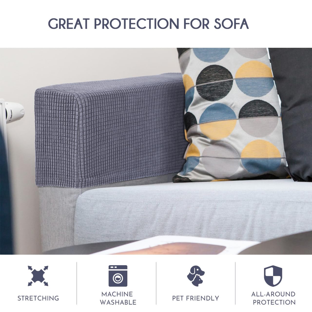 Didiseaon Fundas de Reposabrazos para Sofá, 2 Piezas, Tejido Elástico de Franela Gris Oscuro, Protección Resistente para Hogar y Oficina, Funda Antirayaduras para Brazos de Sofá