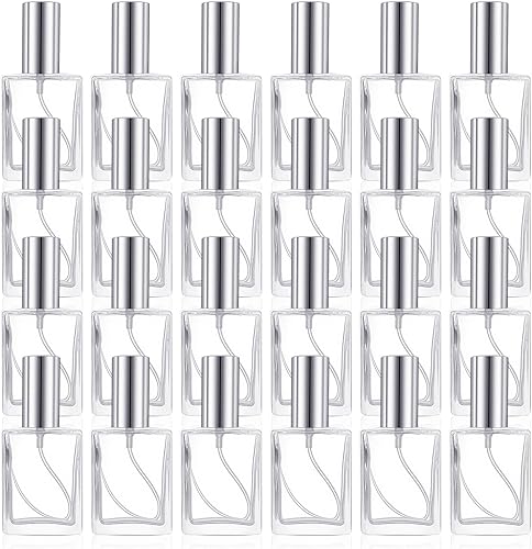 Paquete de 24 botellas de atomizador de niebla fina de vidrio transparente, mini botella de perfume recargable de 0.5 onzas líquidas, botella de