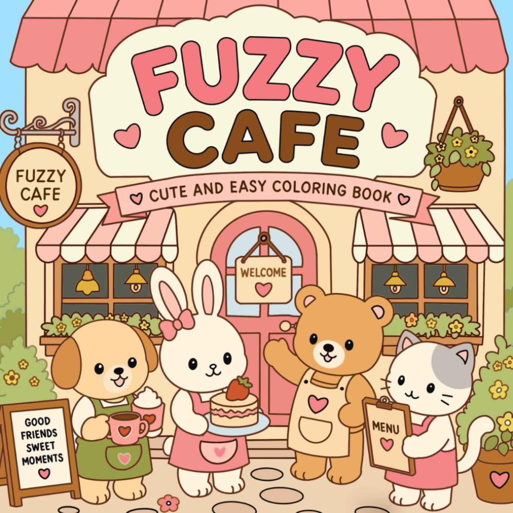Fuzzy Cafe: Cute and Easy Coloring Book Featuring Cozy Cafe Moments, Sweet Treats, and Adorable Animal Friends for Relaxation and Stress Relief