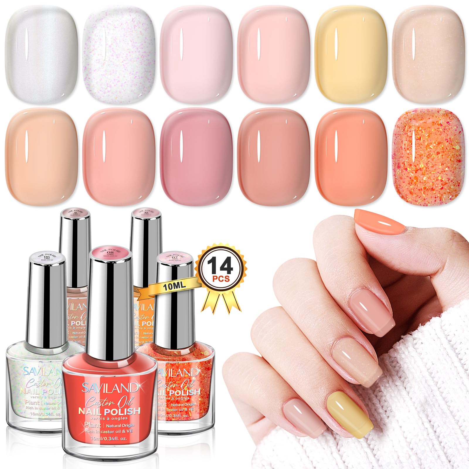 SAVILAND 12 Color Nail Polish Set - Transparency Nudes Pink Clear Nail Polish Base and Top Polish Coat No Easy Peel Off & Quick Dry for Beginner Home And Salon Use