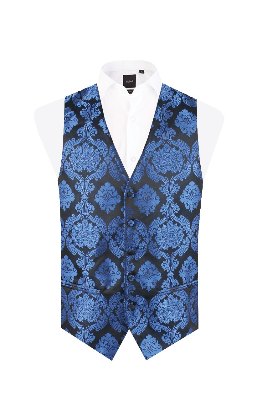 DobellMens Blue Waistcoat Regular Fit 5 Button Victorian Jacquard Pattern