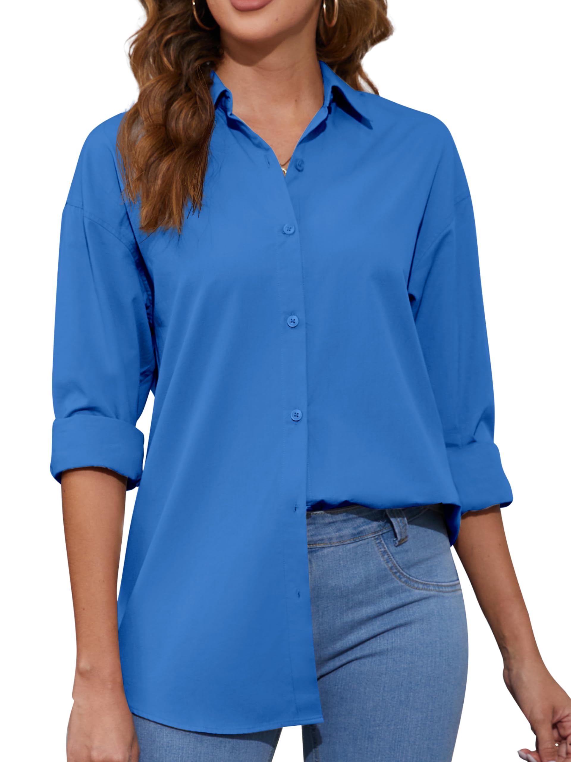 HOTEVE100% Cotton Oversized Womens Button Down Shirts Long Sleeve Blouses Casual Tops XS-XXL